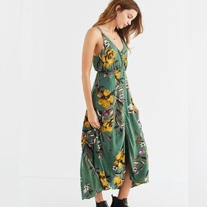 UO Lady Lava Green Floral Covered Button-Down Midi Dress